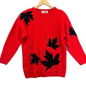 Crescendo Vintage Red Wool Angora Black Sequin Leaves Sweater Women M
